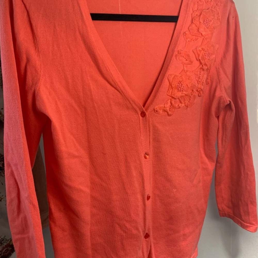 Coral Button-Front Cardigan with Floral Applique Small